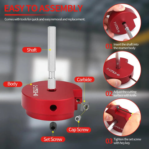 9 Piece PVC Pipe Reamer Kit with Aluminum Head Reamers from One Half Inch to Four Inch Sizes, detail of reamer assembly.