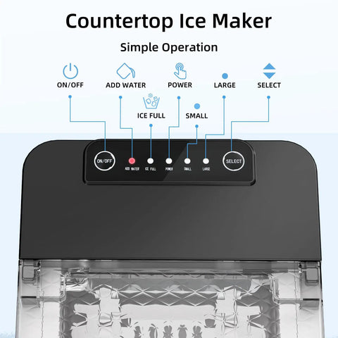 Compact Countertop Ice Maker With One Touch Auto Clean System That Skips The Grunt Work Cools Down Fast And Spits Out Crisp Crystal Clear Ice control panel showing operational buttons.