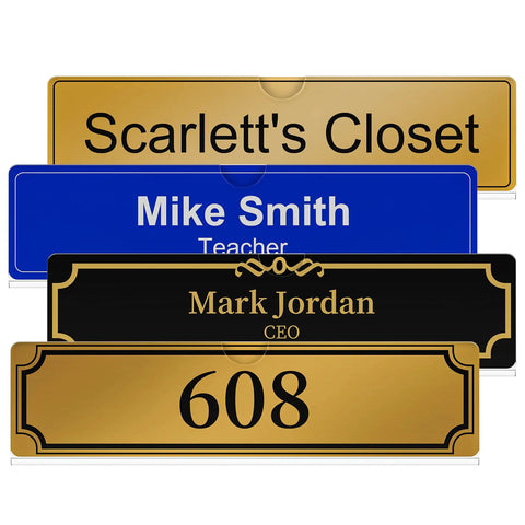 Clear Acrylic Wall Name Plate Holder for Doors and Desks 2x8 Sign Frame With Adhesive Tape featuring various name designs
