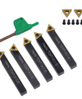 Front view of Jerax 1/4 in indexable turning tool set with five TCMT carbide inserts and a green handle.