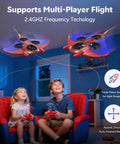 Children playing with Kids RC Plane With Altitude Hold and One Button Takeoff and Landing 360 Degree Flips LED Lights indoors.