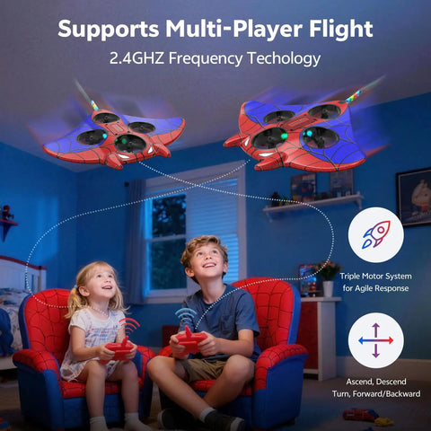 Children playing with Kids RC Plane With Altitude Hold and One Button Takeoff and Landing 360 Degree Flips LED Lights indoors.