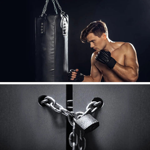 Boxer training with punching bag and locked cabinet with 4 Pack 20 Inch Stainless Steel Swing Chains With Carabiners And Spring Snap Links.
