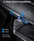 Easy installation of Hidden Under Screen Storage Box For Tesla Model Y 2020 To 2026, showing 2-step push and twist method