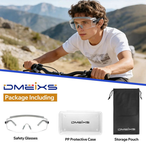 Young man wearing Dual Pack Anti Fog Safety Glasses Built Tough To Slide Snugly Over Your Daily Specs while biking outdoors.