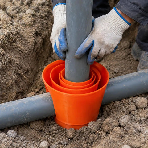 Heavy Duty Electrical Conduit Pipe Connector for a rock solid thread lock being installed around a PVC pipe outdoors.