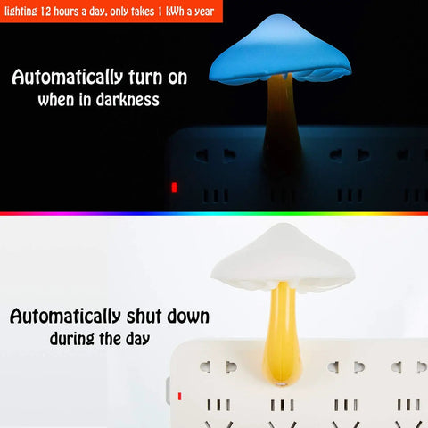Two Pack Mushroom Night Light Plug In Wall Lamp With Sensor LED Nightlight Cute Mini for kids, showing auto-on and off feature