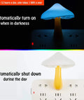 4 Piece Mushroom Night Light Set Plug In LED Night Lamps With 7 Color Mood Lighting shown glowing dark and off during day
