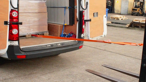 Heavy Duty Pallet Puller Bar With Three Point Seven Meter Strap Designed For Forklifts Featuring A Rugged Steel Hook And Thick Polyester Webbing So You Can Move Pallets Without Breaking A Sweat