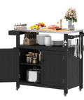 Weatherproof HIPS Outdoor Kitchen Island With Stainless Steel Top And Storage Cabinet Movable Prep Table With Wheels For BBQ Black