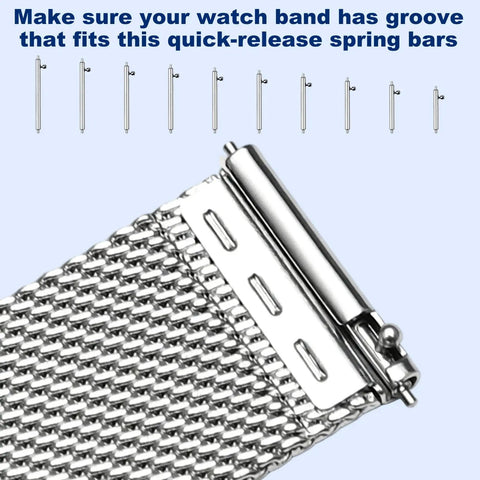 Stainless Steel Watch Band Pins Replacement Kit With Quick Release Spring Bars, featuring pins and mesh band detail.