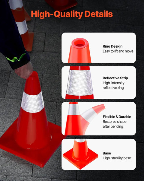 Close-up of Six Pack 28 Inch Orange Traffic Cones With Reflective Collar Heavy Duty PVC Road Safety Cones showing features.