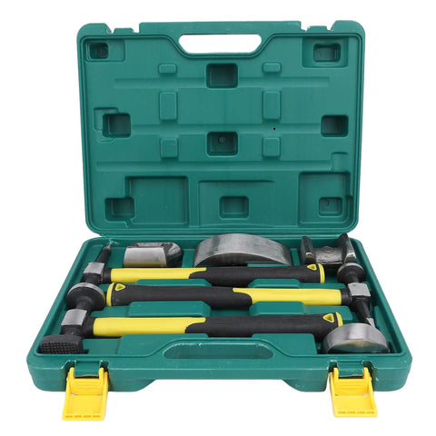 7 Piece Auto Body Repair Kit With Carbon Steel Hammer And Dolly Set in open green toolbox, heavy duty dent tools.