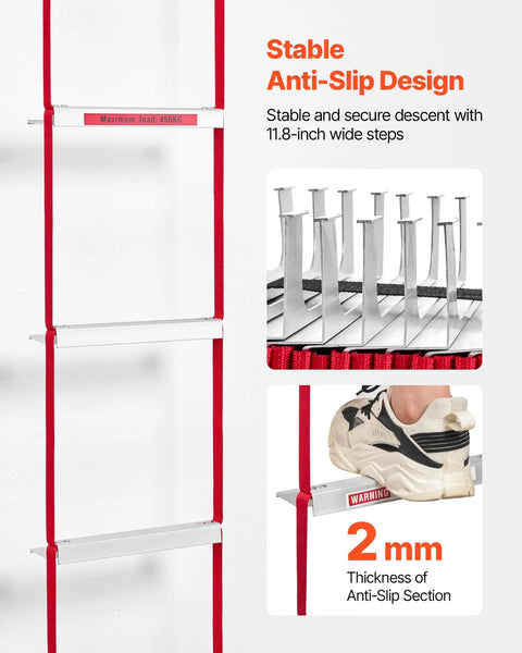 Two Story 13 Foot Emergency Fire Escape Ladder No Assembly Required Just Unfold And Go Retractable Lightweight Aluminum Alloy Construction With Sturdy Polyester Strap Anti Slip Rungs And Wide Steps Supports Up To 1000 Lbs Max Load, 11.8-inch wide anti-slip steps