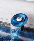 Sharp Blue Tempered Glass Vessel Bathroom Sink With Smooth Countertop Basin And Sweet Art Design For Zero Stress Cleaning And Top Shelf Everyday Durability, displaying flowing water over blue glass.
