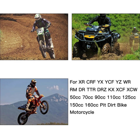 Rider on a dirt bike in off-road terrain, suitable for CNC Aluminum Folding Gear Shift Lever for 50cc to 160cc pit bikes.