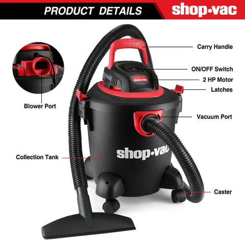 5 Gallon Wet Dry Vacuum With 2.0 Peak HP Power, Portable Shop Vacuum for Home Garage Workshop and Car, labeled parts