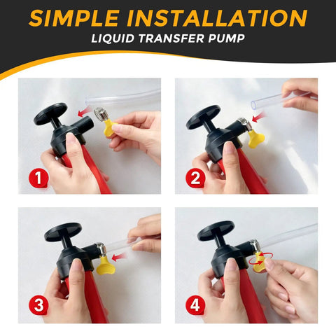 Manual Liquid Transfer Pump Siphon Kit for water fuel oil RV antifreeze, easy hose connection step-by-step setup guide.
