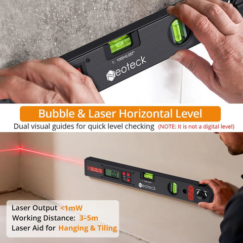 Aluminum Digital Angle Finder With Laser For Pro Grade Precise Marking And Layout 225 Degree Angle Ruler With Class 2 Laser Under One Milliwatt Visible Line Up To Three Meters For Walls Floors And Workpieces, aluminum level on wall