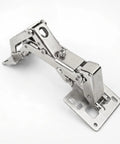 Close-up of hydraulic soft close 170° cabinet hinge, silver white, full overlay for kitchen and bathroom cabinets.