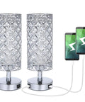Crystal Table Lamps Set Of 2 With USB Charging Ports, Sleek Silver Nightstand Lamps For Bedroom Living Room And Office.