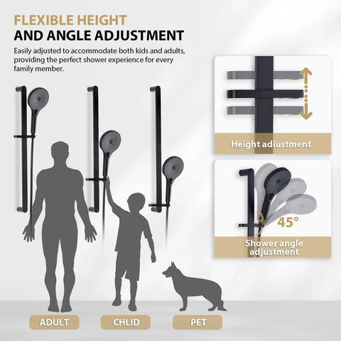 Diagram of Matte Black Shower Kit With Slide Bar And Handheld Shower Head Brass Hose Adjustable Holder High Pressure Water Flow