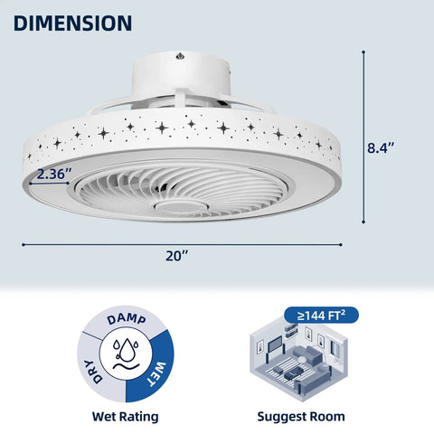 Dope Bladeless Ceiling Fan With Light for Small Spaces showing dimensions, wet rating, and room suitability