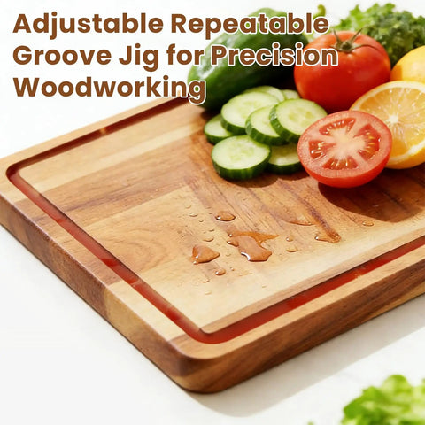 Heavy Duty Solid Wood Router Jig For Cutting Boards with fresh vegetables on a cutting board, showcasing clean juice grooves.