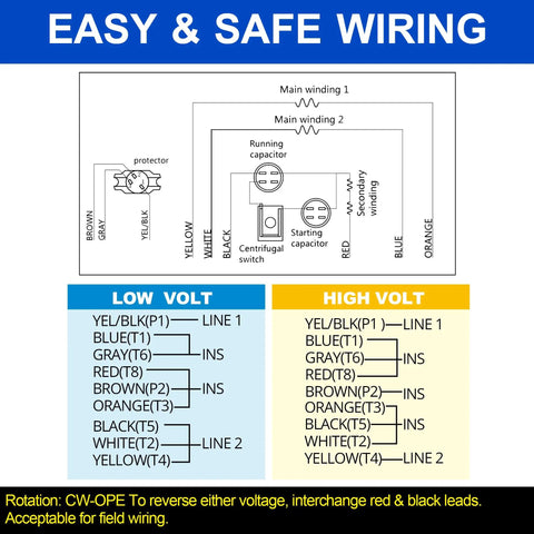 Wiring diagram for Tough As Nails 3/4 Horsepower Electric Motor with low and high voltage information.