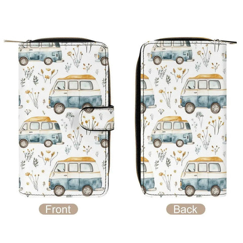 Front and back of Leather RFID Wallet Clutch For Women with Campervan RV style, floral design, built-in mirror, and zipper.