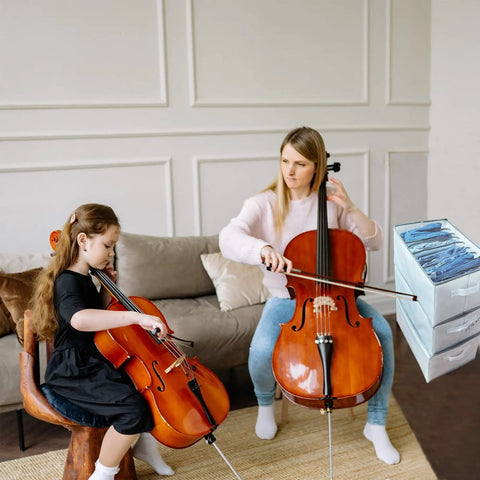 Two Pack Upgraded Closet Organizer With Handle, 9 Grid Thick Fabric Storage Box beside two people playing cellos in a living room
