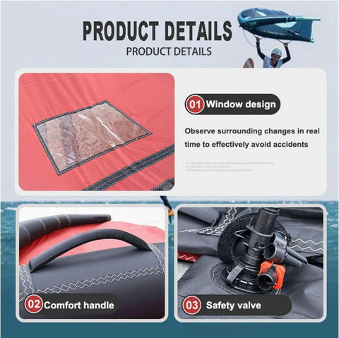 Portable Windsurfing Inflatable Wing With Window For Wingsurfer Kite Surfing And Water Play, red, TPU coated, handle, valve.