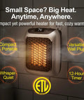 Compact Plug In Wall Outlet Space Heater Drops Kickin Turbo Heat For Spaces Up To Two Hundred Fifty Sq Ft attached to a wall.
