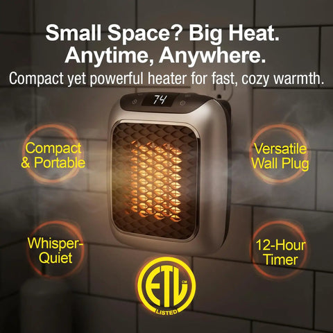 Compact Plug In Wall Outlet Space Heater Drops Kickin Turbo Heat For Spaces Up To Two Hundred Fifty Sq Ft attached to a wall.