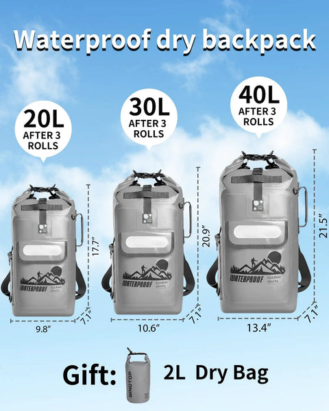 Floating Waterproof Dry Bag Backpack 20L 30L 40L For Kayak And Outdoor Adventures Dry Sack Waterproof Bag For Men shown in sizes 20L, 30L, 40L