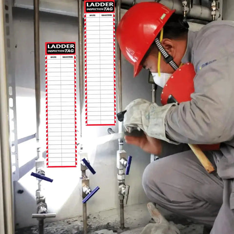 Kickass Ladder Inspection Labels And Heavy Duty Self Adhesive Red Safety Stickers 50 Pack 8.5 By 2 Inch Step Maintenance Tracking Tags For Jobsites And Hard Hat Zones