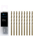 Front view: GMTOOLS 10-piece cobalt drill bit set, 1/8 in diameter, M35 HSS, 135° split-point, with case