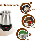 Stainless Steel 600ml 110V Turkish Coffee Pot showing multi-functional use for brewing coffee, tea, and heating milk.