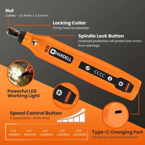Portable Cordless Rotary Tool Kit Delivers Lightning Fast Usb Power And 111 Essentials For Precise Sanding Polishing And Engraving features speed control and LED light.