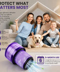 Family with a dog on a sofa showcasing Three Pack HEPA Filter Replacements For V11 Outsize Series Vacuum Cleaners