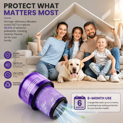 Family with a dog on a sofa showcasing Three Pack HEPA Filter Replacements For V11 Outsize Series Vacuum Cleaners