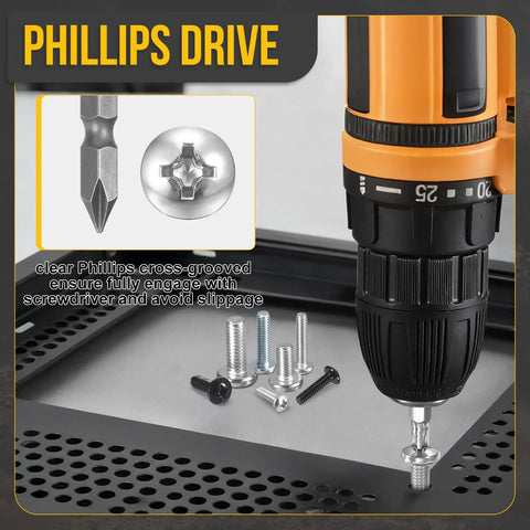One Quarter Inch Pan Head Machine Screws Assortment Kit 100 Pieces Stainless Steel Phillips Bolts shown with drill and bits