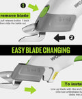 WORKPRO Cordless Electric Scissors With Dual Sharp Blades, Rechargeable Power Shears showing easy blade changing instructions.