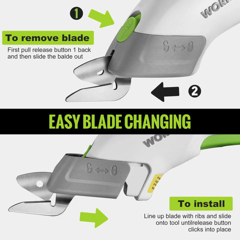 WORKPRO Cordless Electric Scissors With Dual Sharp Blades, Rechargeable Power Shears showing easy blade changing instructions.