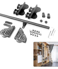 Full Set Retractable Sliding Barn Door Track Kit With Heavy Duty Round Tube Hardware And Kickass Wheels For Hella Smooth Glide Performance In Lofts And Closets, includes pulleys and screws.