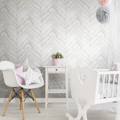 White And Tan Herringbone Wood Look Peel And Stick Wallpaper For Renters And Homeowners, Removable Vinyl in a nursery setting
