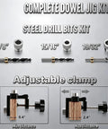 Heavy Duty Self Centering Doweling Jig Kit With Precision Drill Guide For Woodworking Crafts showing steel drill bits and adjustable clamp.