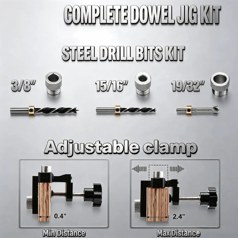 Heavy Duty Self Centering Doweling Jig Kit With Precision Drill Guide For Woodworking Crafts showing steel drill bits and adjustable clamp.