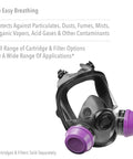 Full Facepiece Respirator For Tough Jobs Niosh Approved Small Size with purple filters, protects against dusts, fumes, vapors.