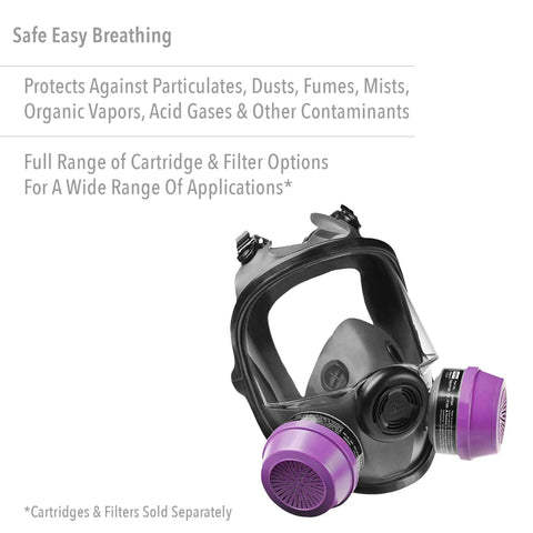 Full Facepiece Respirator For Tough Jobs Niosh Approved Small Size with purple filters, protects against dusts, fumes, vapors.